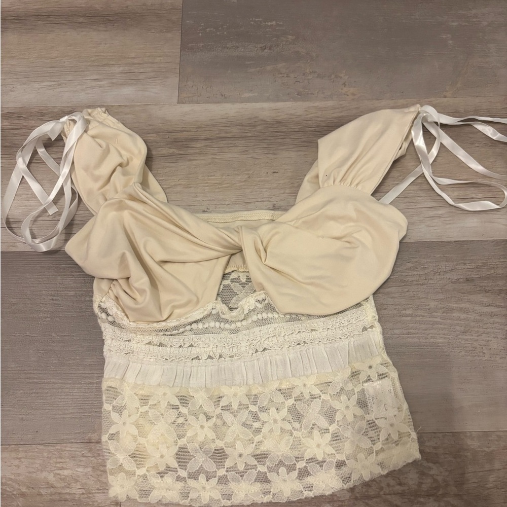 SHEIN Cream Lace Bow Detail Blouse